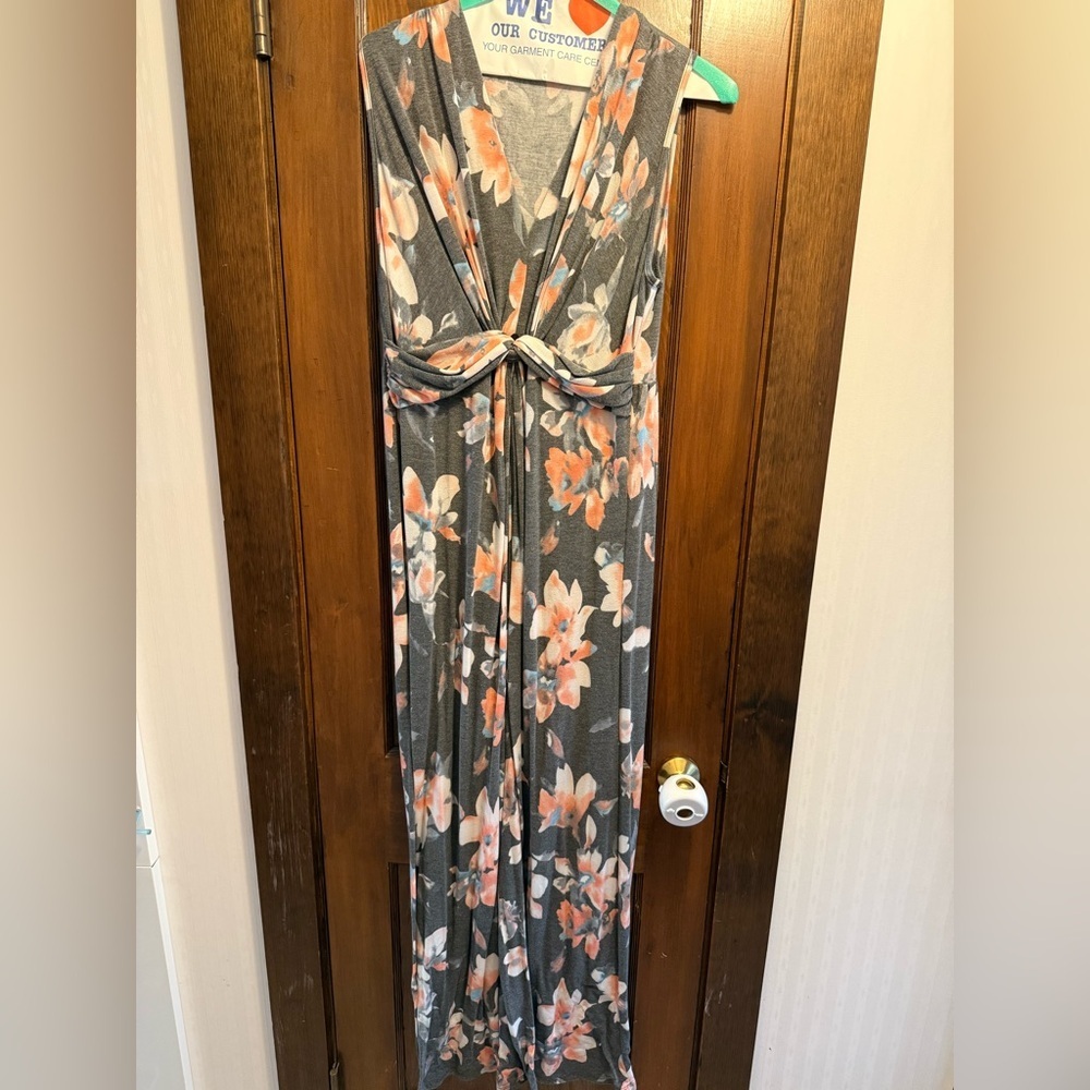 Sweet Lovely by Jen Charcoal Grey Floral Sleeveless Knot Front Maxi Dress - Picture 3 of 11